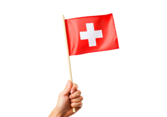 Hand holding Swiss flag on transparent background, PNG