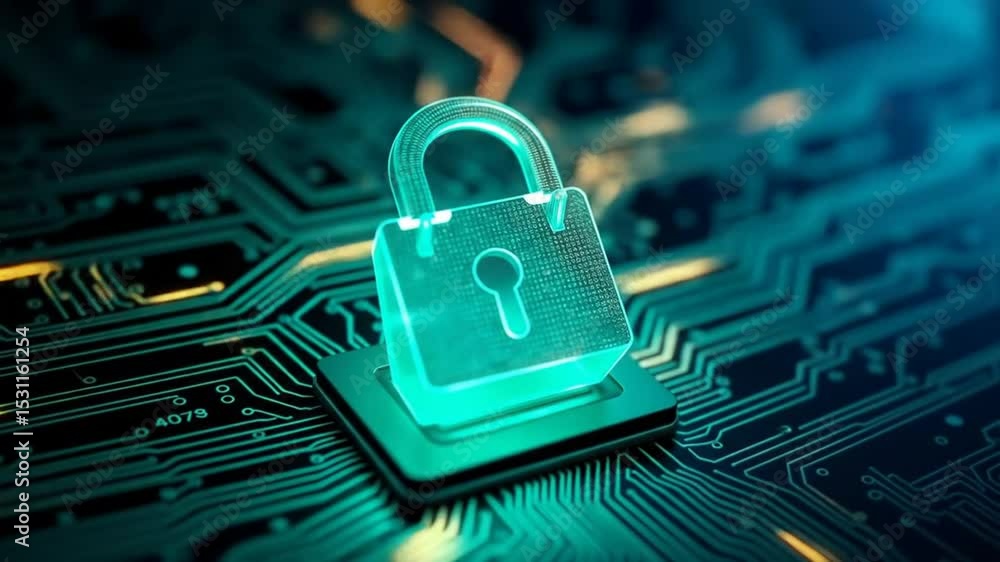 Poster digital security hologram of virtual key icon on circuit board. financial data privacy concept and v