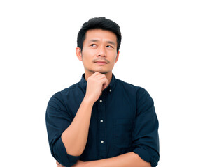 Thoughtful young man in casual shirt pondering over ideas on transparent background, PNG
