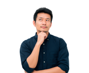 Thoughtful young man in casual shirt pondering over ideas on transparent background, PNG