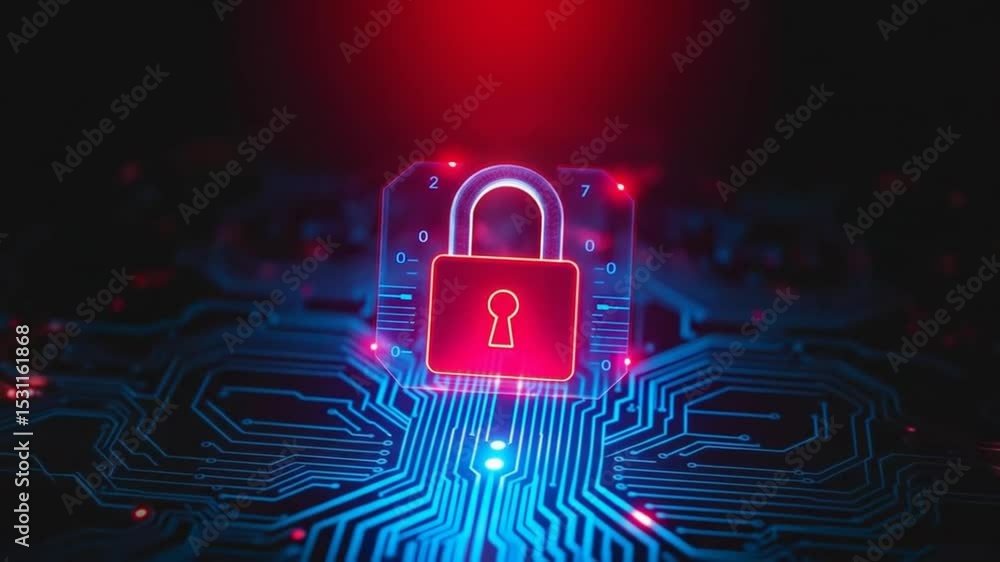 Poster digital security hologram of virtual key icon on circuit board. financial data privacy concept and v