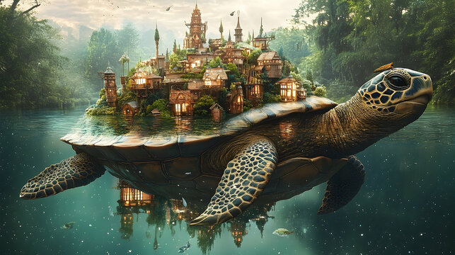 Enchanting city resting on a giant turtle's back.