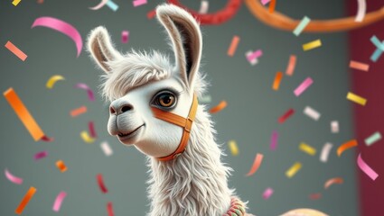 Happy animated llama in colorful confetti background