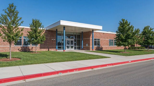 Modern school building on sunny day with green lawn and red curb
