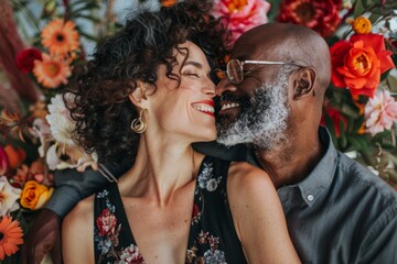 Portrait of a blissful multiethnic couple in their 40s celebrating anniversary