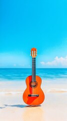 Orange guitar on tropical beach, ocean background, summer vacation