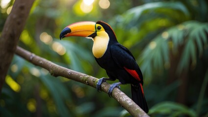 Obraz premium A vividly coloured toco toucan (Ramphastos toco) at a bird rescue sanctuary close to Iguazu Falls in Brazil. Because of habitat destruction, toucans are now classified as an endangered species.