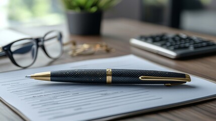 Close Up of a Pen on a Contract with Glasses and Calculator on Wooden Desk