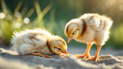A baby bantam chick is resting on wood while another chick is consuming some food.