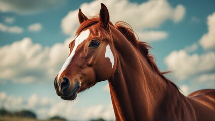 Obraz premium Beautiful brown thoroughbred horse head at farm. Portrait of a chestnut horse. Head shot of an attractive brown bay horse.