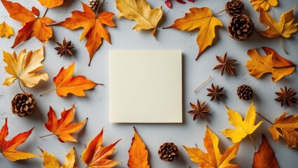 Autumn, thanksgiving day, DIY, holidays preparation and creativity layout. Festive decorations, dried leaves, and white mockup greeting card, flat lay with empty space for text design