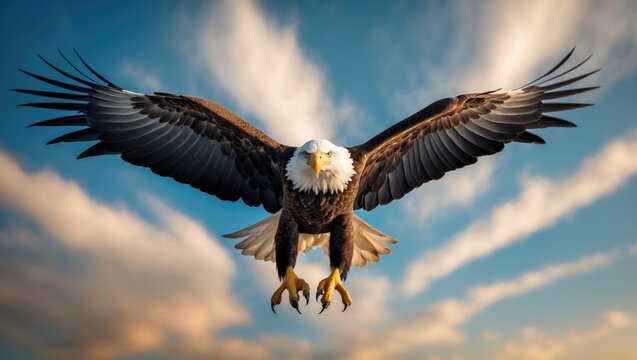 A bald eagle soars high above against a partly cloudy, partly blue sky.