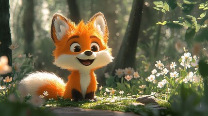 Adorable cartoon fox in sunny forest glade.
