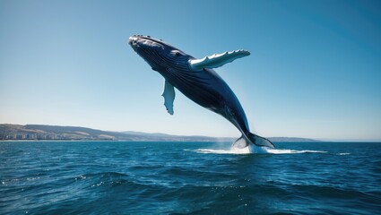 Obraz premium A baby humpback whale leaping near the coast of Maui.