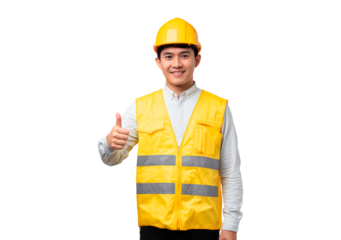Confident young construction worker in safety gear giving thumbs up on transparent background, PNG
