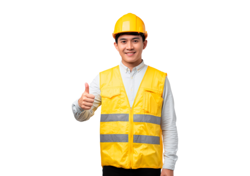 Confident young construction worker in safety gear giving thumbs up on transparent background, PNG