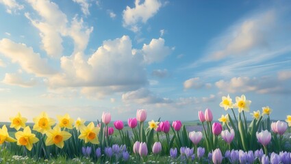 A stunning sky above a field of spring flowers.