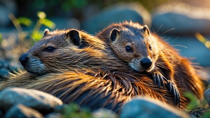 A beaver enjoying a calming nap rests its head on a furry friend serving as a soft, warm pillow.