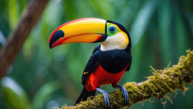 Green Aracari, Pteroglossus viridis, a small yellow and black toucan bird in its natural habitat. Exotic animal found in tropical forests, lush green mountain vegetation, French Guiana.