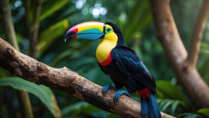 A stunning Rainbow toucan bird with a large colorful beak is perched on a tree.