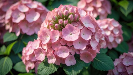 nHydrangea macrophylla, still in the early blooming stage, with clusters of small flowers that rapidly develop into a bush.