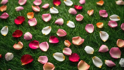 Vibrant rose petals scattered on the grass.