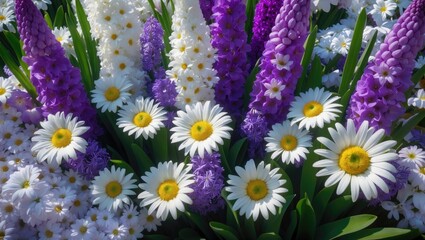 Close-up of stunning spring flowers in full bloom: white daisies and purple hyacinths within a lush garden, forming a vibrant floral arrangement that produces natural contrast.