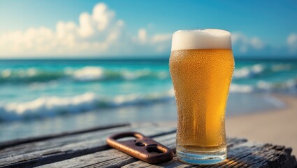 A stunning image of a cold beer and a bottle opener on the seaside.