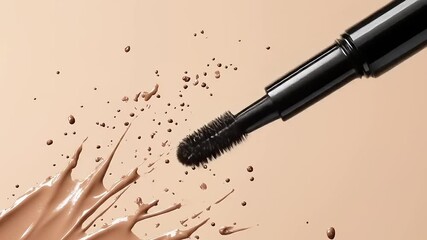 Close-up of a mascara wand with splashes of liquid makeup on a smooth background, emphasizing beauty - Powered by Adobe