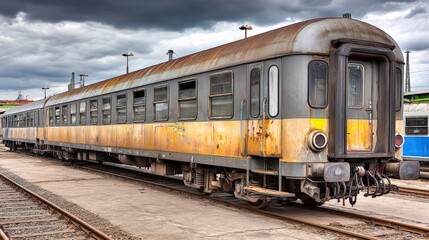 Obraz premium Old rusty train carriage parked on railway tracks under cloudy sky