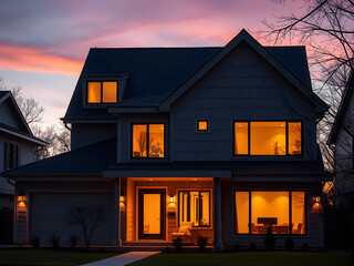 Modern home glowing at dusk, warmth and comfort in twilight.