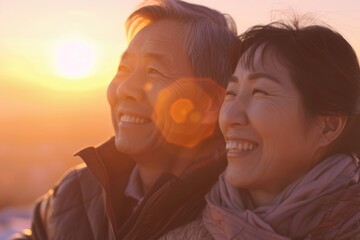 Portrait of a cheerful asian couple in their 40s watching the sunrise