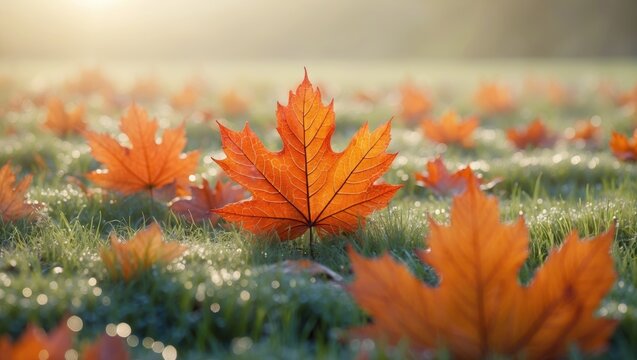 Colorful autumn dewy grass in the morning under soft sunlight. - Powered by Adobe
