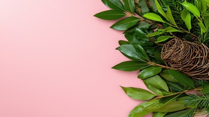 Green Leaves and Pine Cone on Pink Background