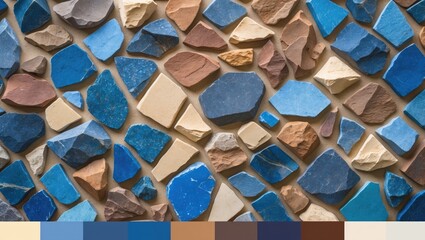 Color matching palette with complimentary colour swatches. Texture of ancient paving stone featuring blue, gray, red, and yellow colours.