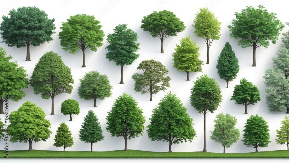 Poster display of isolated trees set against a white background
