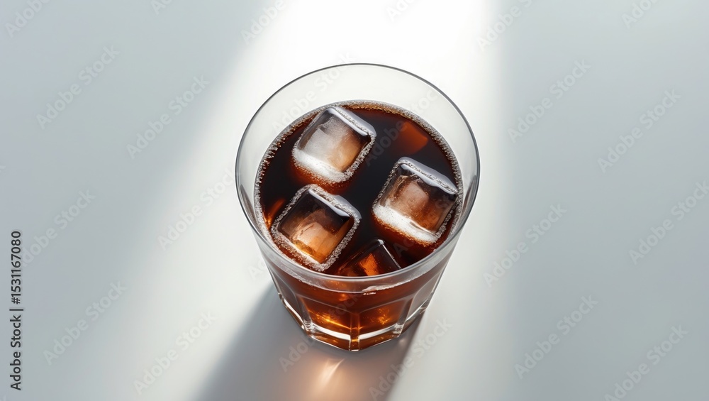 Poster top view of cola with ice cubes.