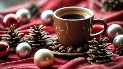 Coffee scent with pinecones and Christmas balls on the tablecloth.