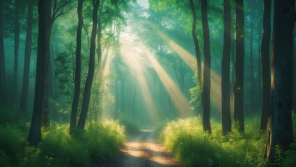 Obraz premium Beautiful Sunny Silhouetted Forest with Sunbeams through Fog, a stunning scene of light filtering through misty trees on a bright day.