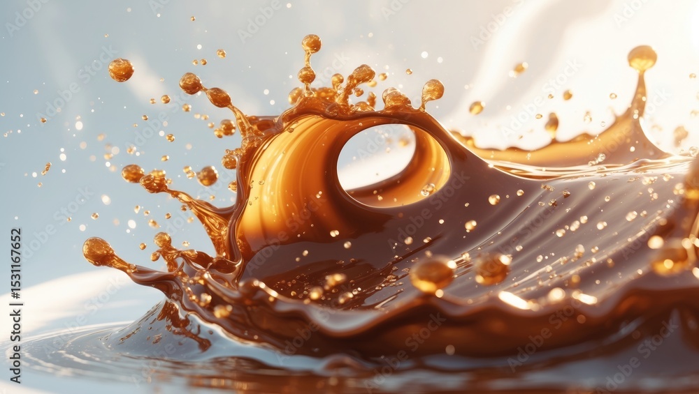 Poster beautiful splashes of cola with bubbles isolated on a white background. coffee or tea splashes in wh