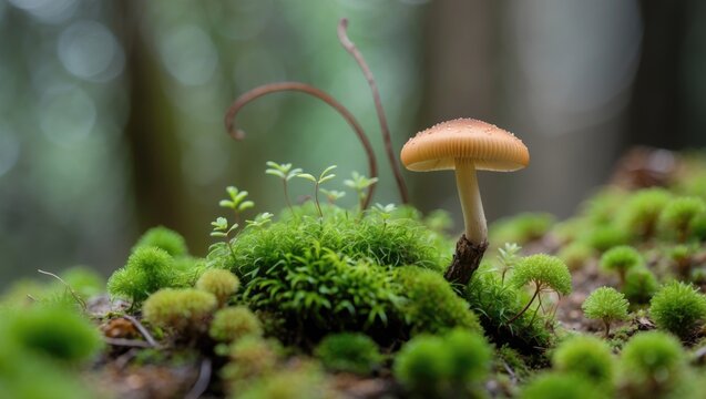 Beautiful tiny woods featuring a meager patch of moss and a slender, long mushroom captured in macro. Both the collage and the enhanced zoom of the image.
