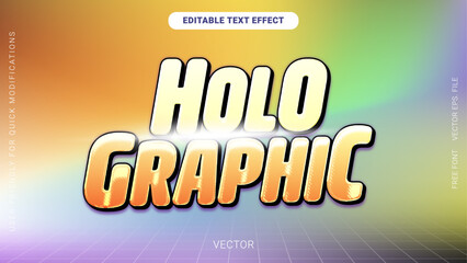 Editable holographic text effect with metallic golden tones and iridescent rainbow background for modern digital designs