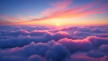 Beautiful sunset sky with pastel pink, purple, orange, and yellow hues, showcasing wispy clouds and a gentle glow on the horizon.