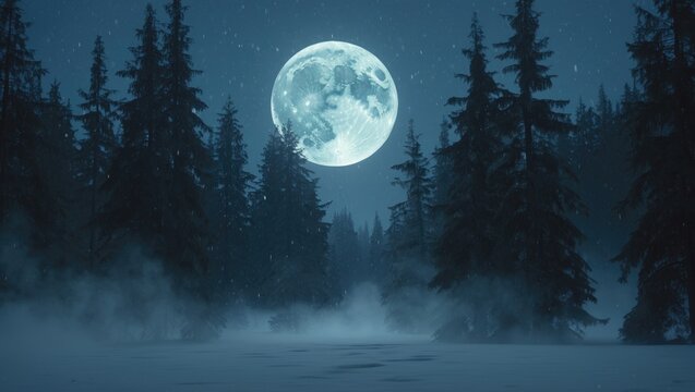 Beautiful winter landscape featuring tall pine trees on a snowy mountain under a dark night sky illuminated by magical moonlight, representing Christmas time.