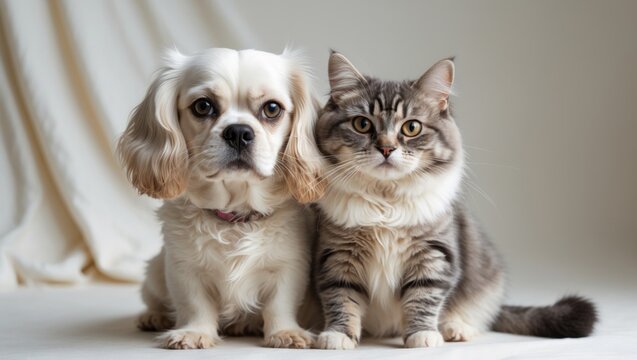 Beautiful pet portrait of a small dog and cat living together.