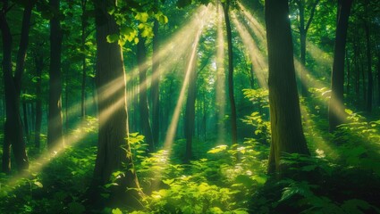 Obraz premium Stunning sunbeams shining through the enchanting beach forest - Poland