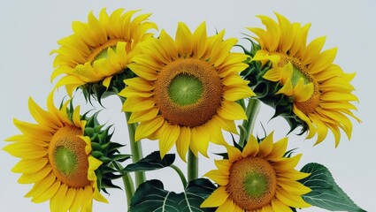 Fototapeta premium Beautiful sunflower isolated on white background with vibrant petals and green leaves.