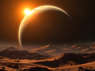 Alien world with signs of life in the glow of a distant sun, a glimpse into the unknown