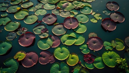 Beautiful waterlily leaf with brown splash floating in a water garden scene