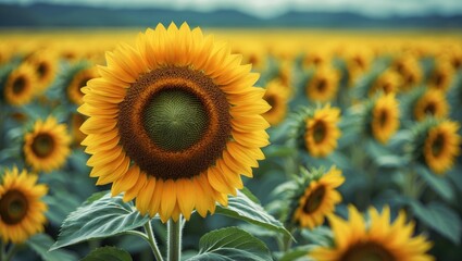 Beautiful sunflower in the field of sunflowers.